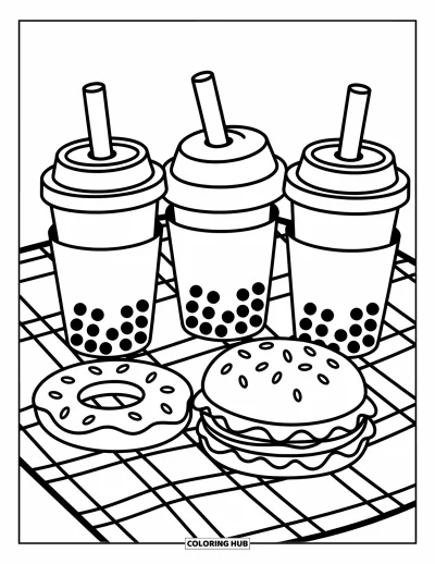 Tegning med bubble tea til børn: Bubble tea-kopper på et muntert picnictæppe med en doughnut og sandwich i tydelige linjer