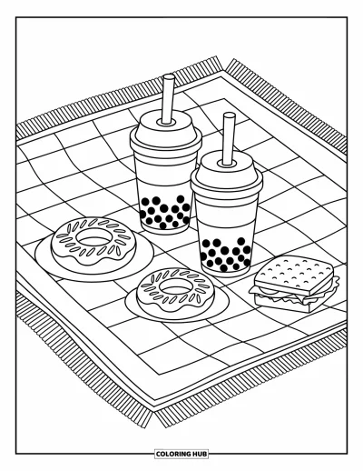 Tegning med bubble tea til børn: Bubble tea-kopper på et picnictæppe med en doughnut og sandwich i legende mønstre