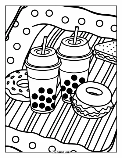 Tegning med bubble tea til børn: Bubble tea-kopper på et picnictæppe med prikker og striber sammen med en doughnut og sandwich