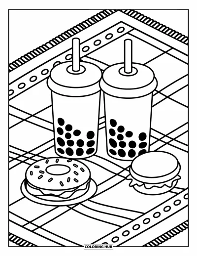 Tegning med bubble tea til børn: Bubble tea-kopper sidder på et picnictæppe med søde mønstre og simple madformer