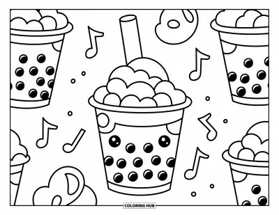 Tegning med bubble tea til børn: Buttede bubble tea-kopper med svævende musiknoder tilføjer et muntert præg
