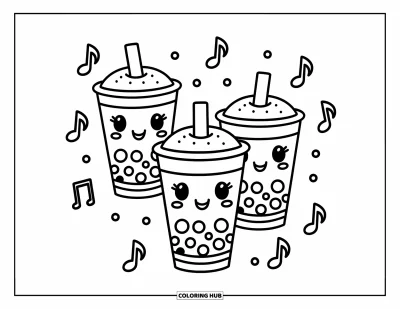 Tegning med bubble tea til børn: Søde bubble tea-kopper med buttede perler omgivet af små musiknoder