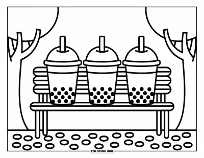 Tegning med bubble tea til børn: Tre bubble tea-kopper på en parkbænk med træer og småsten i en legende scene