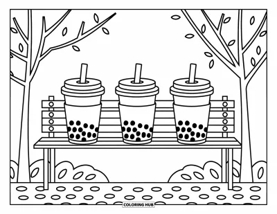 Tegning med bubble tea til børn: Tre bubble tea-kopper sidder på en parkbænk med træer og spredte småsten