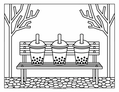 Tegning med bubble tea til børn: Tre bubble tea-kopper sidder på en parkbænk med fantasifulde træer og spredte småsten