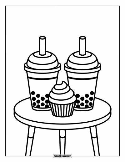 Tegning med bubble tea til børn: To bubble tea-kopper og en cupcake sidder sammen på et lille bord med legende svirp