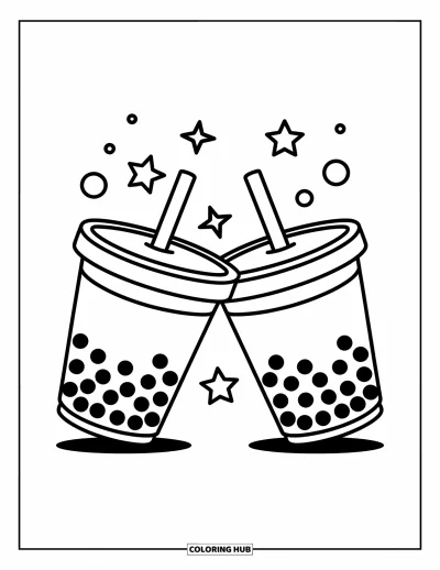 Tegning med bubble tea til børn: To bubble tea-kopper skåler med stjerner og bobler svævende rundt