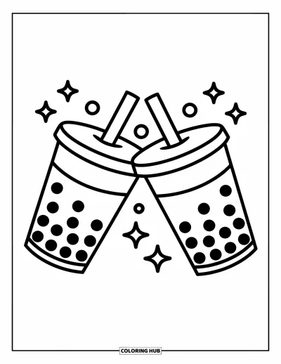 Tegning med bubble tea til børn: To bubble tea-kopper skåler med muntre stjerner og bobler omkring sig