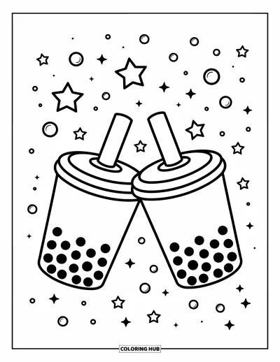 Tegning med bubble tea til børn: To bubble tea-kopper skåler blidt med stjerner, hjerter og svirp, der fylder scenen