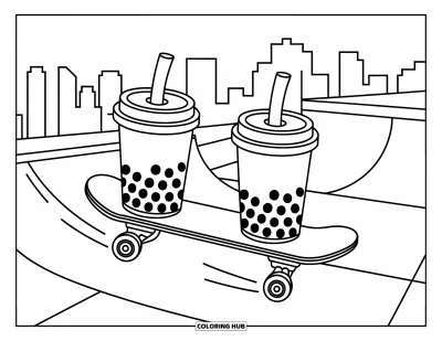 Tegning med bubble tea til børn: To bubble tea-kopper sidder på en skateboardrampe med fartstreger og bylandskab