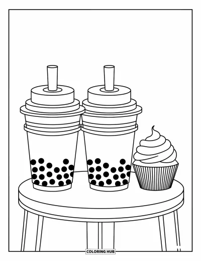 Tegning med bubble tea til børn: To bubble tea-kopper hviler på et lille bord med en cupcake og muntre detaljer