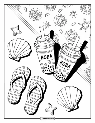 Tegning med bubble tea til børn: To bubble tea-kopper hviler på et mønstret håndklæde med legende strandtilbehør