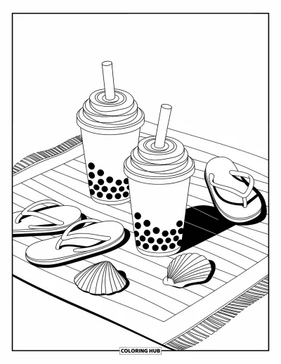 Tegning med bubble tea til børn: To bubble tea-kopper sidder på et badehåndklæde med klipklapper og en muslingeskal