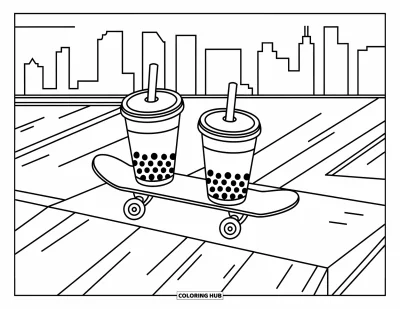 Tegning med bubble tea til børn: To bubble tea-kopper sidder på en skateboardrampe omgivet af fartstreger og bylys