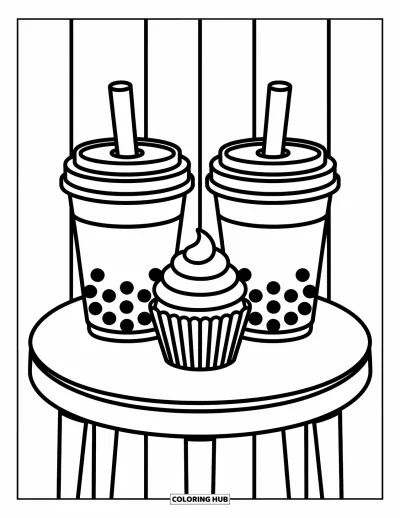 Tegning med bubble tea til børn: To bubble tea-kopper sidder på et lille bord med en cupcake, omgivet af legende streger