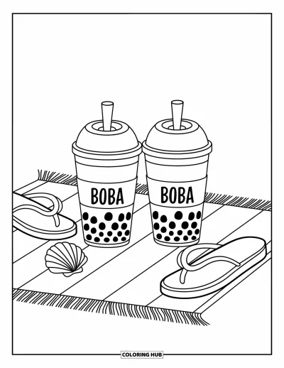 Tegning med bubble tea til børn: To bubble tea-kopper sidder på et håndklæde med klipklapper, en muslingeskal og bølger