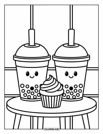 Tegning med bubble tea til børn: To bubble tea-kopper sidder side om side på et lille bord med en cupcake ved siden af