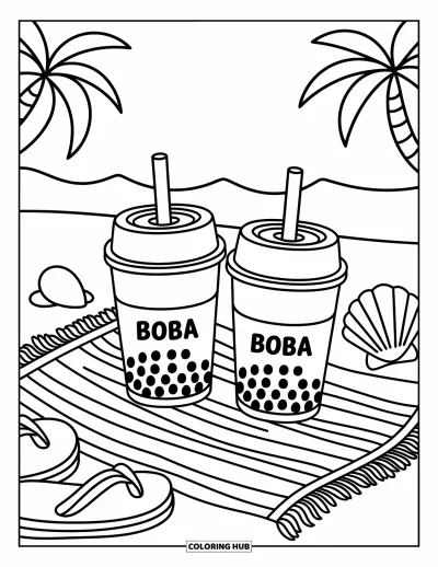 Tegning med bubble tea til børn: To bubble tea-kopper står på et badehåndklæde med bølger og palmer i baggrunden