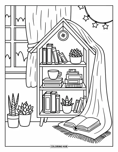 Book Coloring Page for Adults: A blanket drapes over a little house shelf filled with books and stars