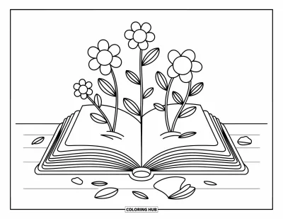 Book Coloring Page for Adults: A book blooms with tiny flowers, petals scattered in a cozy corner