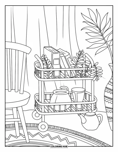 Book Coloring Page for Adults: A book cart, tea pot, and leafy plants sit in a cozy corner by the window