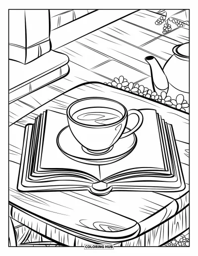 Book Coloring Page for Adults: A book, tea, and flowers sit on a table with a checkered floor and soft decor