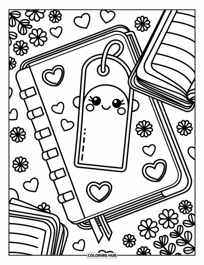Book Coloring Page for Adults: A book with stickers and a bookmark rests warmly with cozy doodles all around