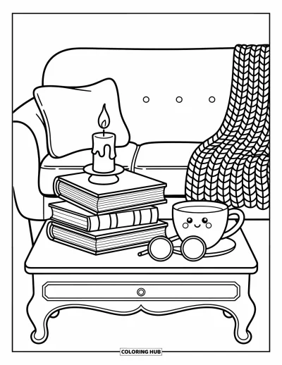 Book Coloring Page for Adults: A candle, tea, and books rest on a table with glasses and a warm sofa behind