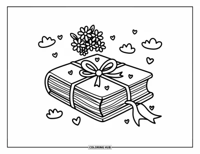 Book Coloring Page for Adults: A closed book tied with ribbon is surrounded by clouds and scattered tiny hearts