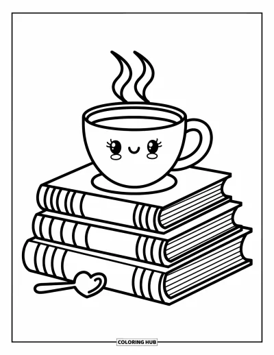Book Coloring Page for Adults: A coffee cup rests on stacked books with a cute spoon by its side