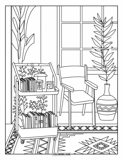 Book Coloring Page for Adults: A cozy corner holds a book cart, warm tea, and plants near a curtained window