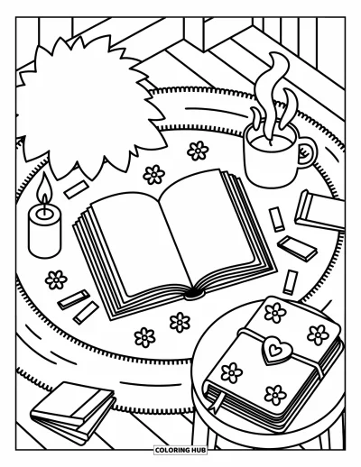 Book Coloring Page for Adults: A cozy rug holds a book, warm candle, steaming mug, and scattered bookmarks