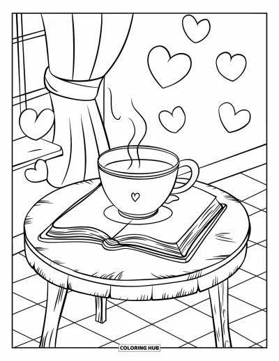 Book Coloring Page for Adults: A cup of tea rests on an open book with floating hearts and a checkered floor