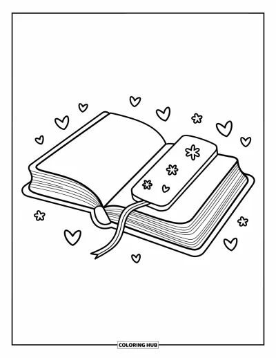 Book Coloring Page for Adults: A heart-shaped bookmark peeks from a journal with doodled hearts and tiny flowers