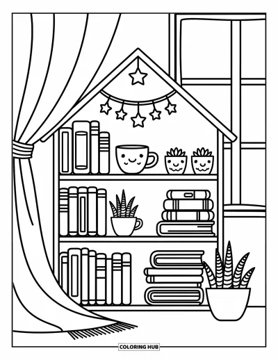Book Coloring Page for Adults: A house-shaped bookshelf holds books, mugs, stars, and a draped blanket