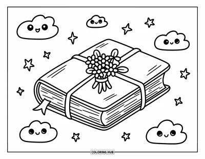 Book Coloring Page for Adults: A ribbon-tied book with flowers stands out among playful clouds and friendly animals