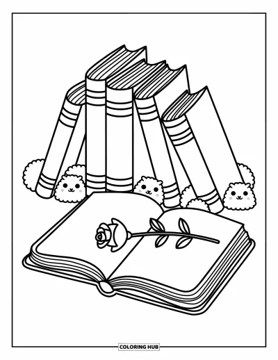 Book Coloring Page for Adults: A rose lies on open pages, surrounded by fuzzy creatures and playful book spines