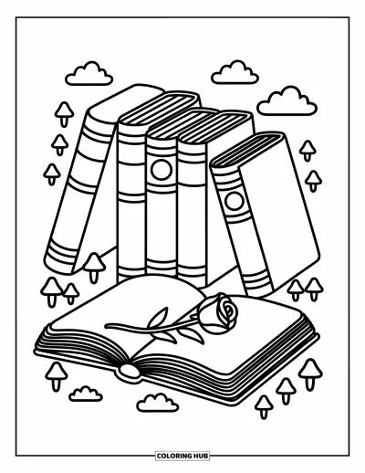 Book Coloring Page for Adults: A rose rests across an open book with tiny mushrooms and clouds all around