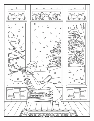Book Coloring Page for Adults: A scarfed woman reads quietly by the window with snowy trees in view