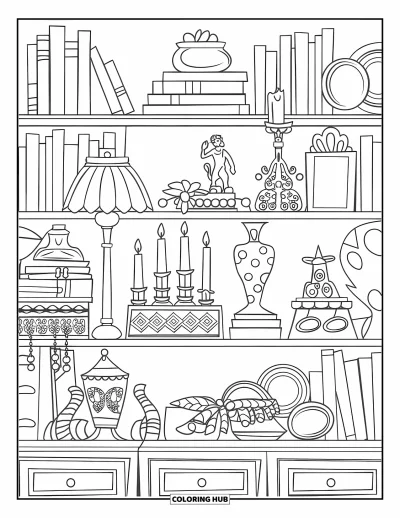 Book Coloring Page for Adults: A shelf packed with books, candles, and trinkets shows off cozy little details