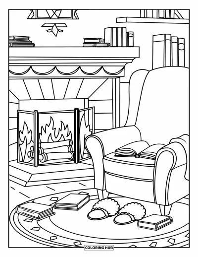 Book Coloring Page for Adults: A soft blanket, books, and slippers cozy up near a glowing fire and mantle