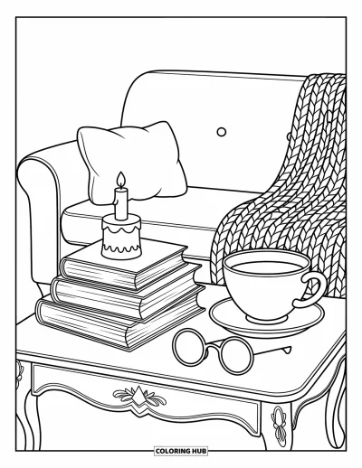 Book Coloring Page for Adults: A tea cup and candle sit with books near a comfy sofa and soft blanket