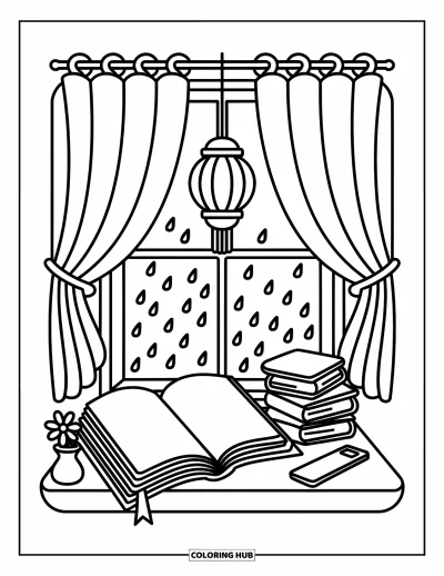 Book Coloring Page for Adults: A warm window nook holds books, rain-tapped glass, and a playful flower vase