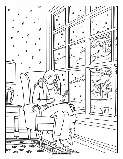 Book Coloring Page for Adults: A woman reads peacefully by the window as snow falls outside