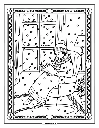 Book Coloring Page for Adults: A woman with a scarf and hat reads near a snowy window in a cozy room