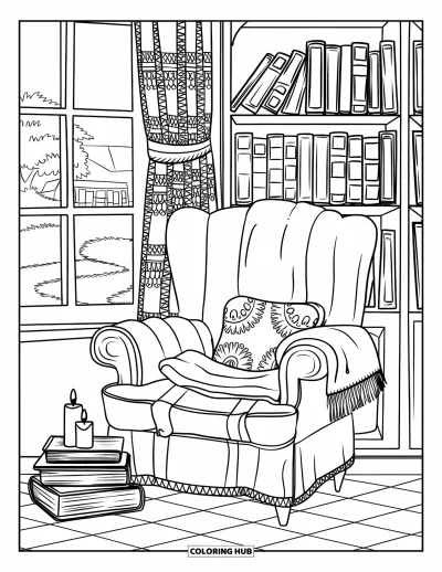 Book Coloring Page for Adults: An armchair, books, and candles fill a cozy space with lace curtains and a tiled floor
