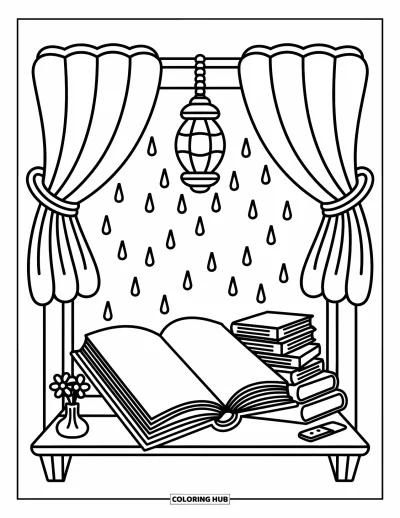 Book Coloring Page for Adults: An open book and a pile of books sit in a cozy nook with gentle rain