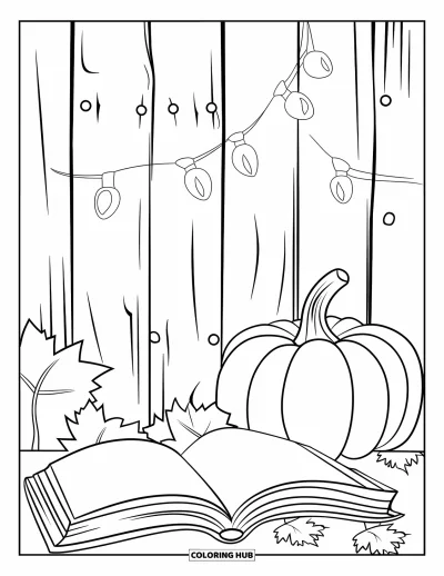 Book Coloring Page for Adults: An open book, pumpkin, and fairy lights rest on a cozy autumn table