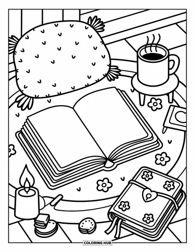 Book Coloring Page for Adults: An open book rests on a rug with a candle, mug, and fluffy pillow