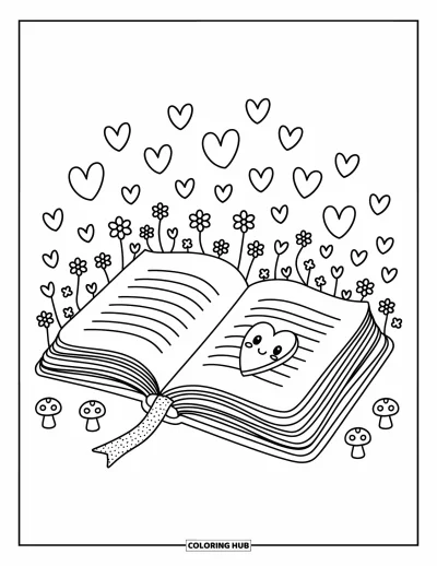 Book Coloring Page for Adults: An open journal shows a heart bookmark, surrounded by hearts, flowers, and playful creatures